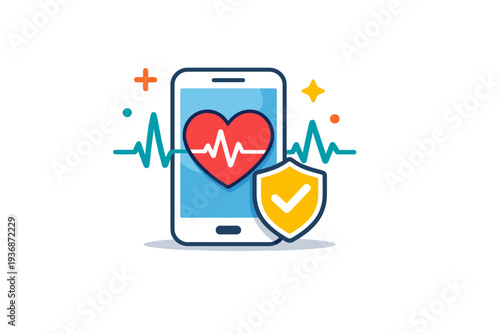 Telemedicine digital health check concept with smartphone, heart symbol, and pulse lines, symbolizing monitoring, prevention, and smart healthcare solutions.