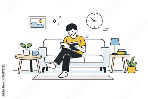 Everyday boredom realism. Minimal living room with a person flipping through a magazine or device, no other activity, soft daylight. Honest depiction of slow,