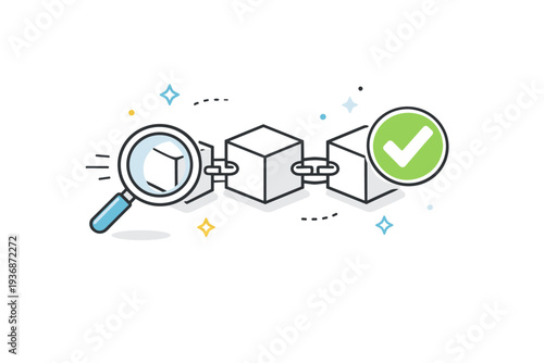 Transaction verification. Multiple blocks aligning into a chain while a magnifying glass and check icons float nearby. A visual metaphor for validation, trust,