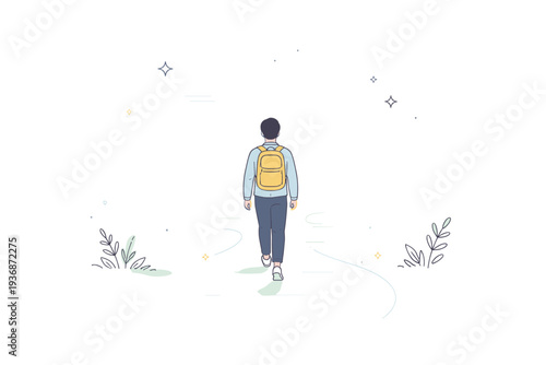 People walking into fog. A person walks forward as the path fades into soft fog, figure gradually dissolving. Uncertainty ahead, quiet transition, calm