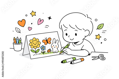 spring card making. A child drawing cheerful flowers and animals on a folded paper card, with floating abstract stars, hearts, and petals symbolizing