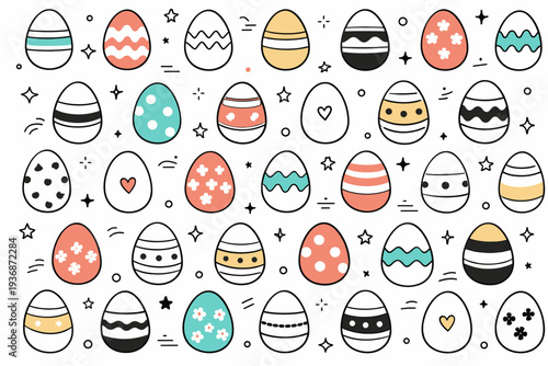 Easter egg pattern scene. Repeating eggs with minimal decorative details form a light, rhythmic editorial layout. The illustration feels festive, modern, and