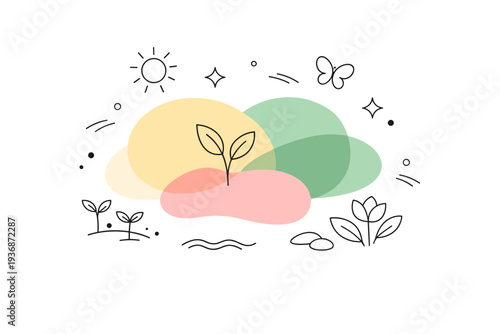 Spring abstract textures. Soft organic shapes layered together, gentle curves and floating elements creating a light seasonal mood. Calm freshness and renewal,