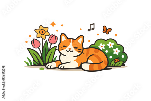 Spring cat in garden cozy nature vignette with a relaxed cat lying beside blooming plants, supported by light decorative dots that suggest warmth and slow