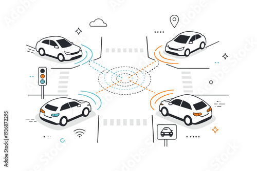 Autonomous traffic coordination. Multiple self-driving cars communicating through subtle lines and signals at an intersection. A clean editorial visualization