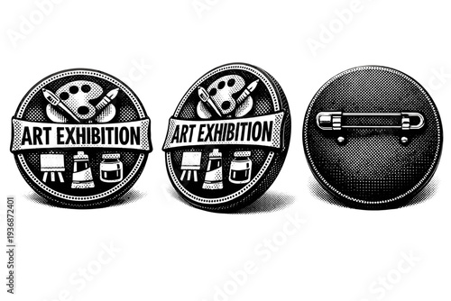 School event badge ? art exhibition emblem. An art exhibition badge represented as a single object in three views emphasizing creative motifs and clear