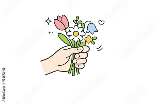 Spring bouquet. A minimalist scene with a hand holding a small bouquet of spring flowers, showing care and gentle emotion. Calm interaction, clean background,