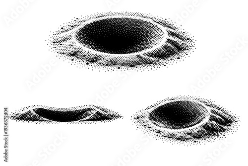 Sandy seafloor sand depression A realistic sandy seafloor shallow depression presented as one object in three views: top concave view, side profile view, and
