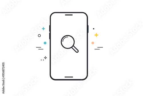 Search without query visuals. Empty device screen with magnifying glass icon and gentle shadows. Symbol of modern curiosity without clarity. Minimalist flat