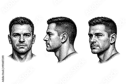 Black and white dot male portrait A single male head portrait shown in three views including frontal view, side view, and three-quarter view. Black and white