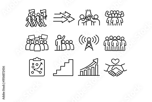 Collective Action. Line icon set of Collective Action: group march, shared direction arrows, teamwork symbol, community strength, organized rally, leadership