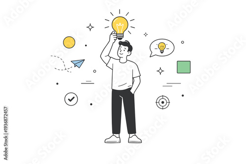 Light bulb idea metaphor. A person holding a glowing light bulb above their head, standing calmly in an open space. Moment of realization, clarity, and fresh