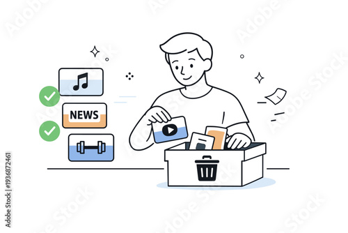 Canceling unused services. A person calmly removing subscription cards into a delete or archive area with checkmarks nearby. Scene shows relief,