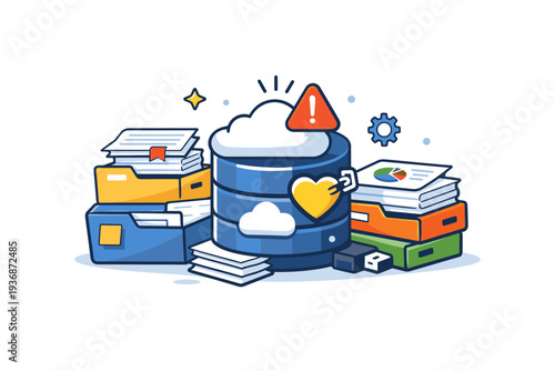 Data hoarding behavior reflecting accumulation and reluctance to let go through a compact scene of stacked folders and files surrounding a central storage icon