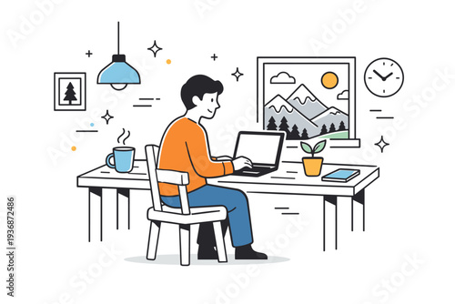 Remote work from mountain cabins. Individual sitting at a wooden desk inside a cozy cabin, laptop open and hot drink nearby. Calm blend of productivity and
