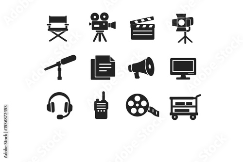Movie Production Set. Solid icon set of Movie Production Set: director chair with camera, film camera on tripod, clapperboard, studio light, boom microphone,