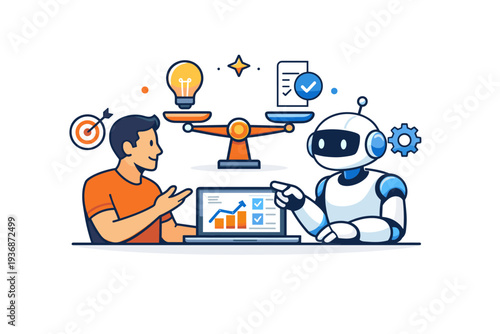 Human AI teamwork process illustrating balanced interaction between human judgment and automated assistance. A confident visual story about trust, guidance,