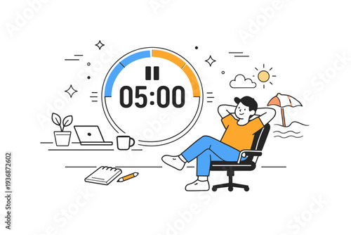 Summer breaks between work sprints. A timer pauses on the screen as a person relaxes briefly, sitting back with hands behind the head. Visual metaphor for