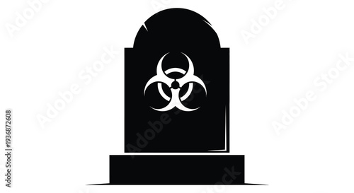 A stark black tombstone silhouette features a prominent white biohazard symbol at its center high quality