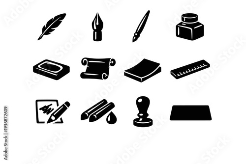 Traditional Calligraphy Tools. Solid icon set of Traditional Calligraphy Tools: quill pen, metal nib, wooden pen holder, ink bottle, ink stone, parchment roll,