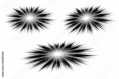 Radial burst halftone pattern tile shown as a single object presented in three views: flat top view, angled view, and three-quarter perspective view. Black and