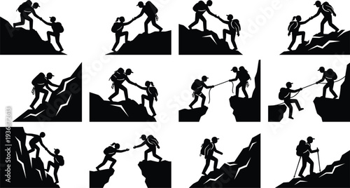 Mountain climbing silhouettes set, hikers helping each other on cliff, teamwork and adventure concept vector illustration isolated on white background