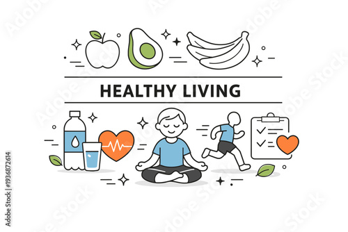 Healthy food ? nutrition awareness. Icons of fruits, water, and healthy habits combined into a clear visual message about wellbeing. Calm layout supports trust