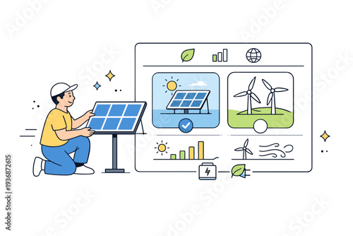 Renewable energy adoption. A person installing or selecting solar panels and wind icons on a simple dashboard. A positive scene showing transition to clean