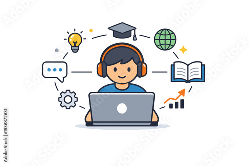 Digital education student a learner connected to online knowledge through a laptop with subtle icons, symbolizing technology driven learning and personal