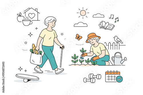 Healthy routine in later life. Senior person combining light exercise with everyday tasks like walking or gardening. Balance, autonomy, calm daily rhythm,