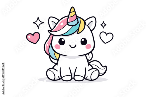 Cute unicorn character. Friendly unicorn facing forward, simple heart and sparkle icons floating nearby, rounded shapes emphasizing charm. Warm, positive mood