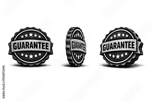 Dotted halftone guarantee seal A guarantee badge seal with bold outer border shown in front view, side view, and three-quarter view as isolated object studies.