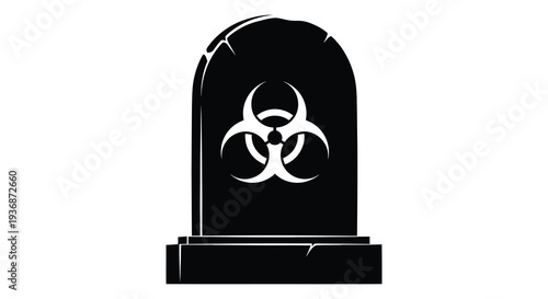 A stark black tombstone silhouette displays a prominent biohazard symbol suggesting danger or contamination high quality