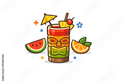 Tiki cocktails colorful mixology concept expressed through a compact scene of a layered drink and simple fruit shapes, highlighting creativity, balance, and