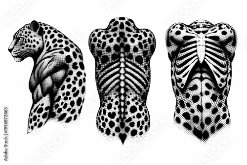 African leopard torso A single African leopard torso represented as one object in three different views focusing on muscle structure, ribcage volume, and