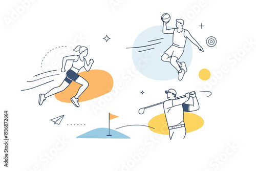 Abstract mindset visualization background. Floating athletes, abstract motion lines, and soft geometric shapes arranged in a clean editorial layout