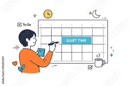 Reclaiming calendar control. A person blocking quiet time on a simplified calendar with clear empty spaces. Intentional scheduling and healthier boundaries