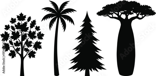 Tree silhouettes collection, deciduous tree, palm, pine and baobab icons, black nature vector illustration isolated on white background