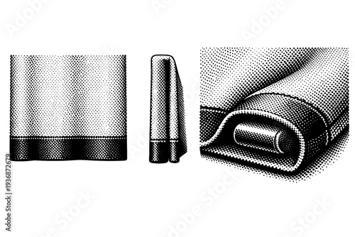 Window curtain hem detail A realistic window curtain bottom hem shown in three views: straight front view, side thickness view, and angled close-up view,