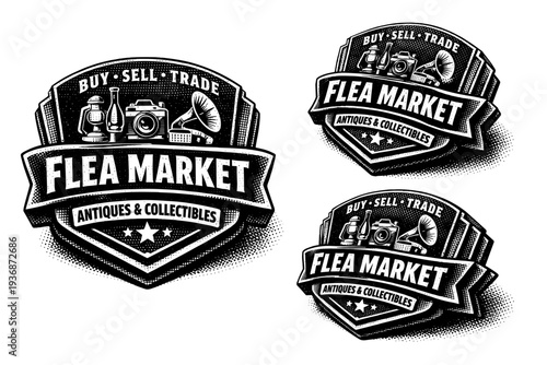 Local market badge ? vintage flea market emblem. A realistic flea market badge depicted as a single object in three views highlighting retro motifs and layered