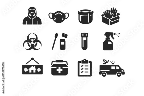 Pandemic Response Teams. Solid icon set of Pandemic Response Teams: PPE suit, N95 mask, face shield, gloves box, biohazard symbol, testing swab, sample tube