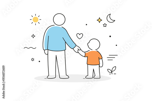 Parenting. Abstract family scene with parent and child holding hands, simple shapes and soft motion lines expressing safety, warmth, and guidance. Minimalist