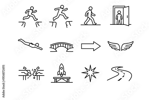 Taking the Leap. Line icon set of Taking the Leap: person jumping gap, leap across cliff, first step forward, open doorway, diving silhouette, bridge crossing,