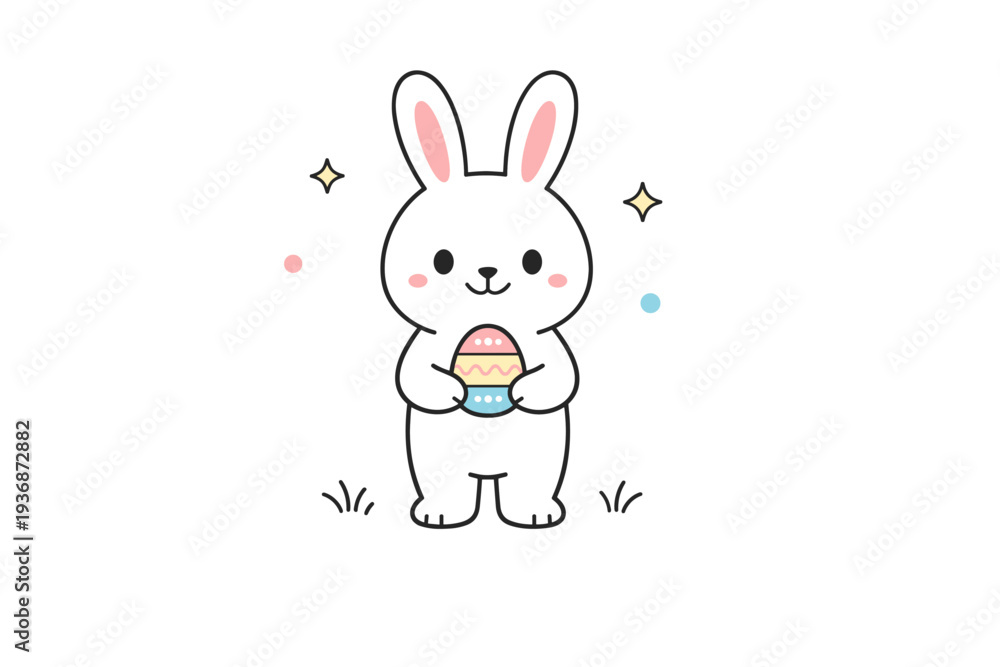 Obraz premium Easter bunny simple illustration. A cute minimal bunny holding a small decorated egg, standing calmly with a friendly smile. Soft, joyful spring mood with lots