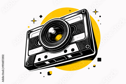 black and white retro cassette angled dynamically with film camera lens enlarged as focal point, bold yellow circular shape intersecting the lens, subtle white