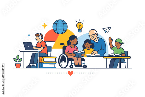 Inclusive spaces illustrating education and learning environments open to everyone. A calm visual with books, desks and diverse learners connected through