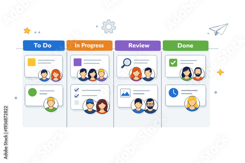 Team collaboration kanban board shown with task cards marked by small user icons to represent shared responsibility and coordinated workflow. The mood feels