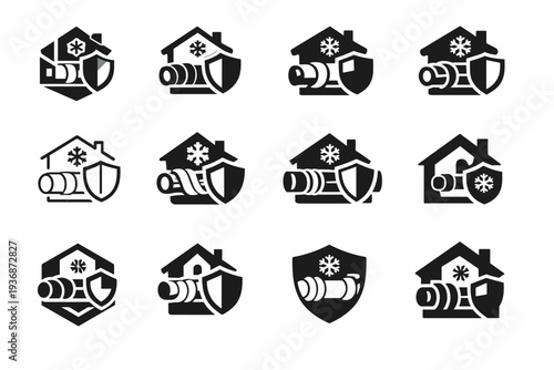 Winterizing your home for cold weather. Icon set. Set Logo of Winterizing your home for cold weather: protected water pipes. harmonious logo variations of the