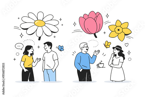 Playful surreal spring interactions. People casually chatting while oversized flowers float above them and butterflies gently pass through conversations. Light
