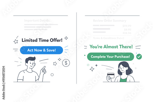 Dark patterns in UX. A comparison screen where important information is faded while persuasive messages stand out, showing visual hierarchy abuse. Calm